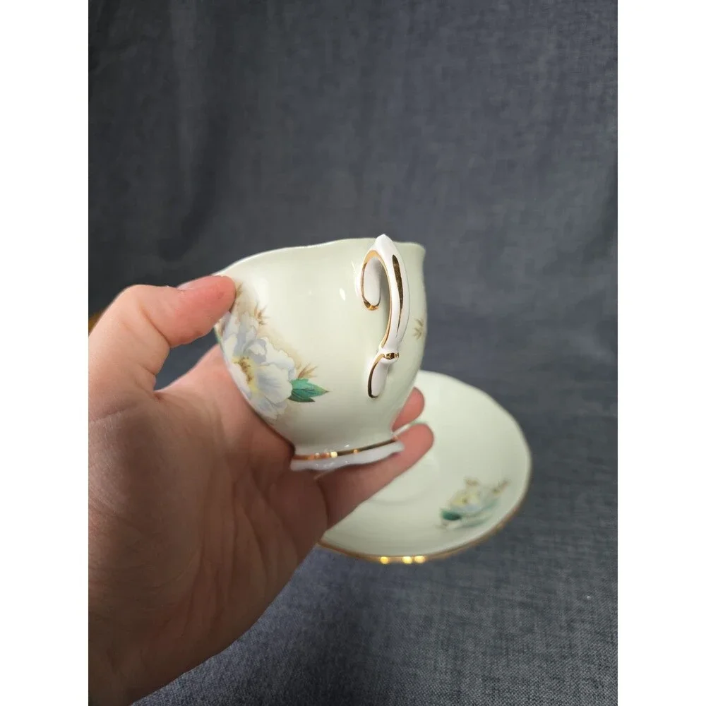 Colclough Cup and Saucer Green with White Roses Tea Coffee Cottagecore Cute